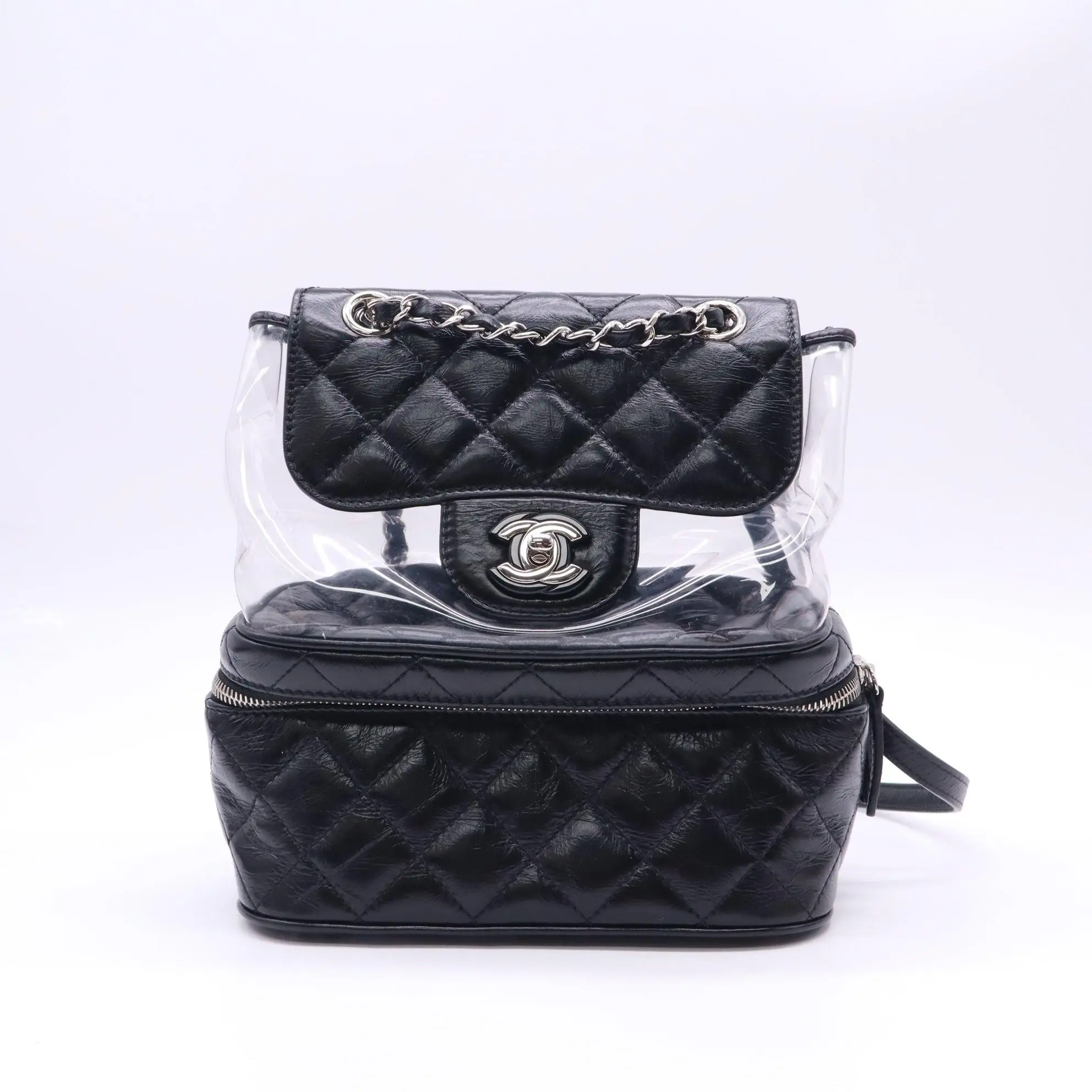 Pre-owned CHANEL Leather Backpacks Quilted Crumpled Calfskin and Transparent PVC Aquarium Vanity Flap Backpack B23748