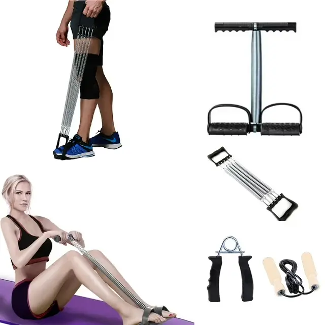 4 Piece Fitness Bundle - Tummy Trimmer, Steel Spring Chest Expander, Hand Grip Strengthener & Wooden Handle Jump Rop for Versatile Use