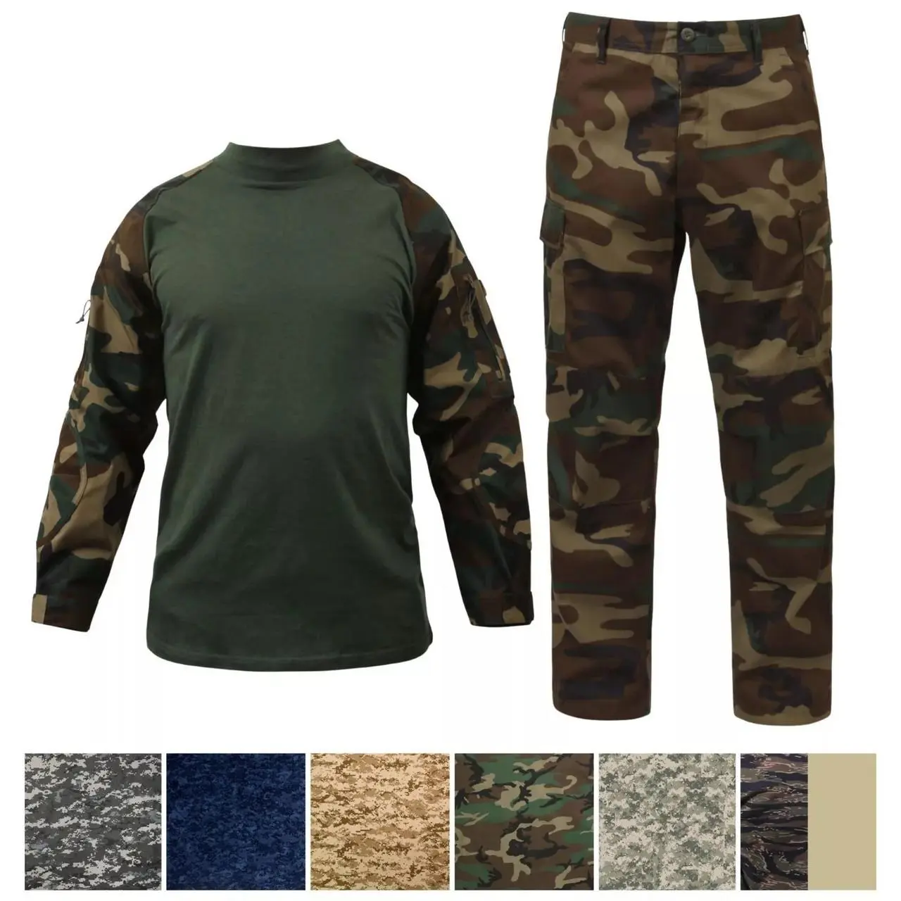 Men's Tactical Woodland Camo Airsoft Uniform Set - Breathable Fabric BDU Shirt, All Weather Adjustable Strap Camo Pattern Pants