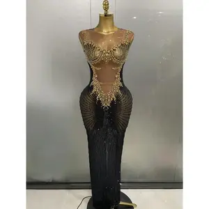 Sexy Sparkly Rhinestones Sleeveless Long Dress 2025 New Women Birthday Celebrate Evening Photo Shoot Stage Performance Costume