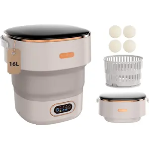 16L Foldable Portable Washing Machine Collapsible Mini Washer with Spin Basket 3 Cleaning Modes Khaki for Underwear Apartment Home Camping