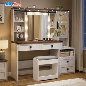 Farmhouse Vanity Table with Mirror and Lights, Makeup Desk with Charging Station,Drawers,Shelf for Bedroom, Dressing Room