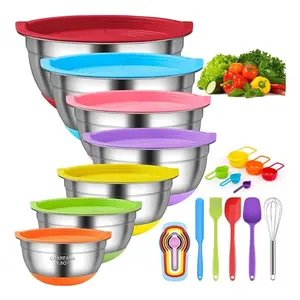 CHAREADA Mixing Bowls with Airtight Lids, 18pcs Stainless Steel Nesting Colorful Mixing Bowls Set Non-slip Silicone Bottom, Size 7, 5.5, 4, 3.5, 2.5, 2, 1.5 qt, Fit for Mixing & Serving
