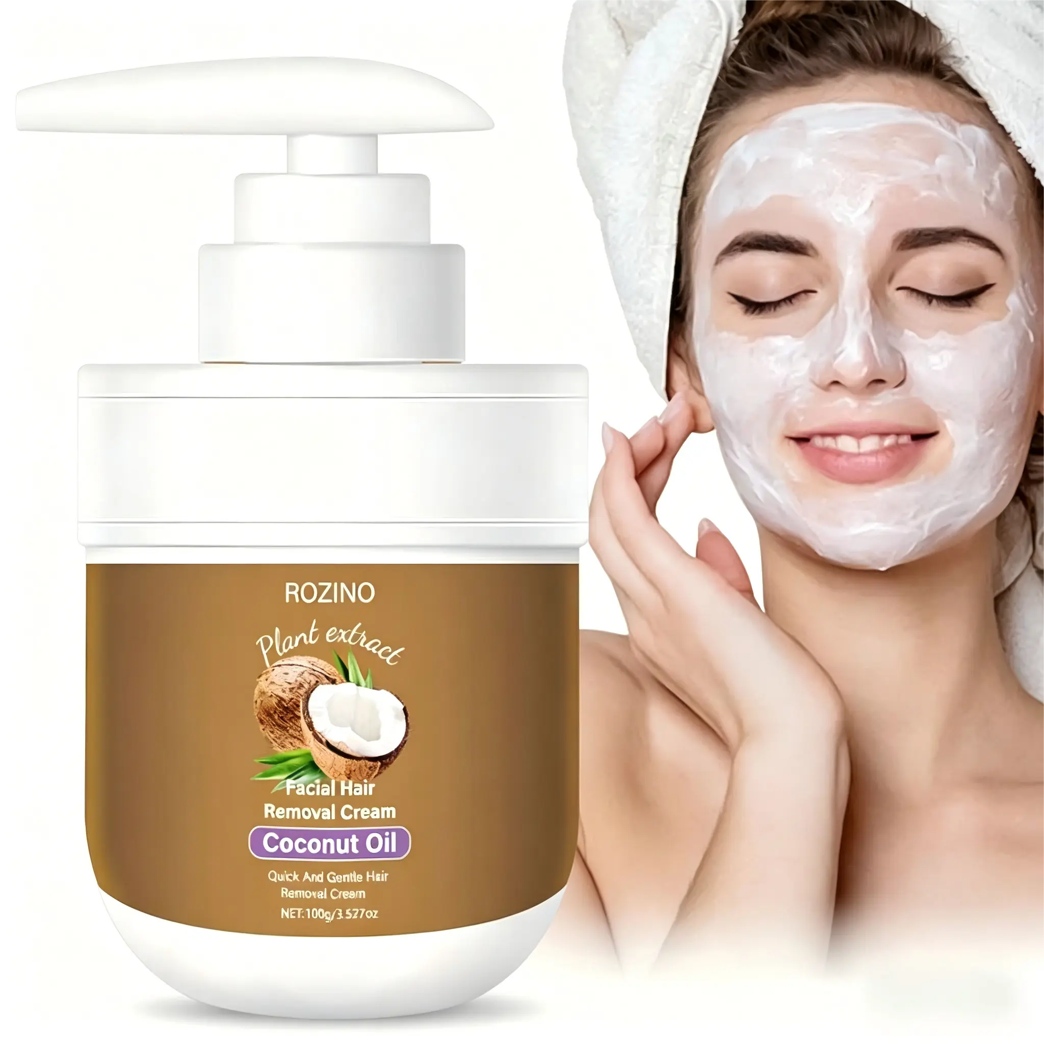 ROZINO Coconut Oil Hair Removal Cream, Gentle Mild Depilatory Cream for Face, Arms, Legs and Full Body, Smooth Skin Care
