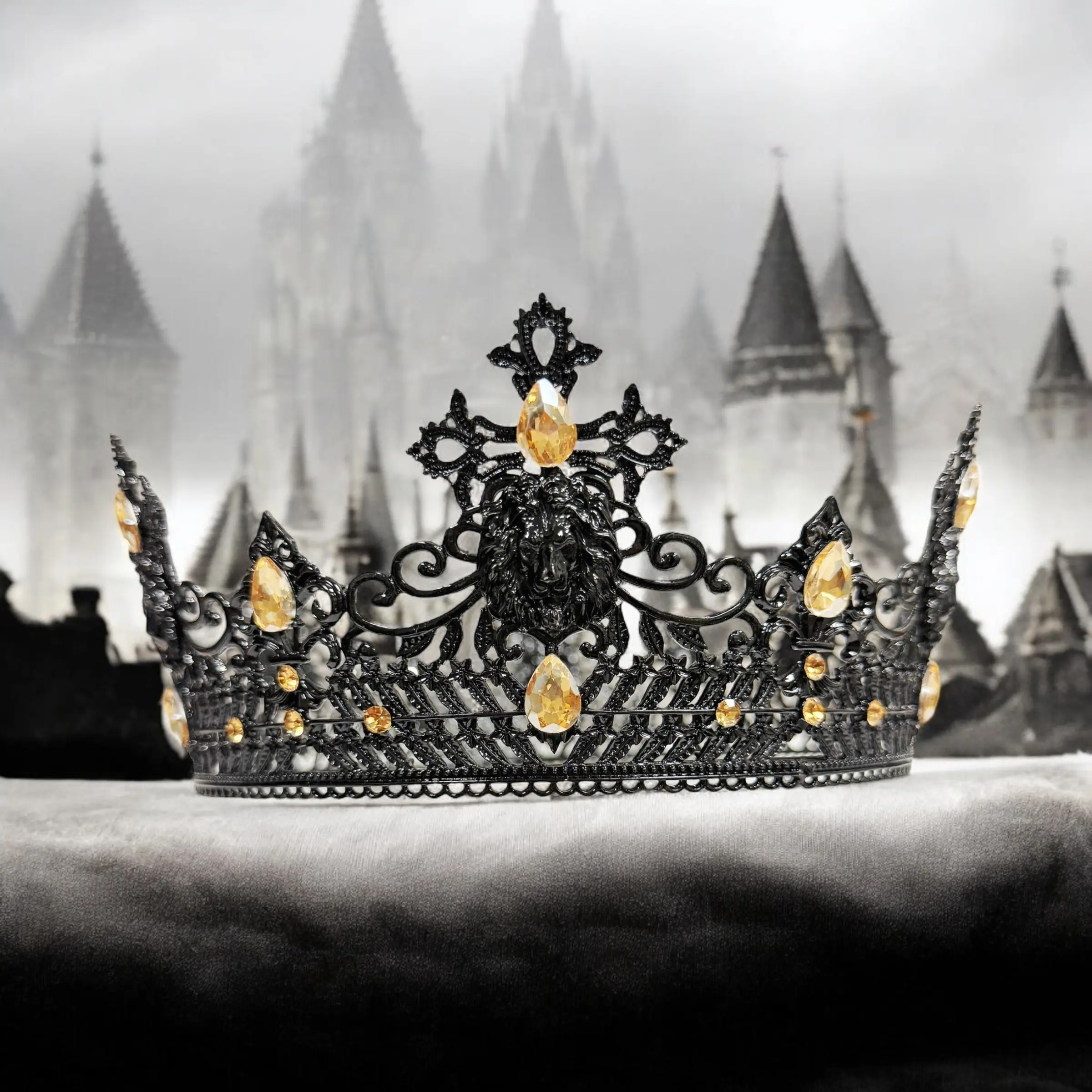 Men's Gothic Lion King Hair Crown, Black Metal Headdress with Blue Artificial Crystal Accents - Renaissance Hair Accessories for Masquerade, Prom, Cosplay, Hair Crowns