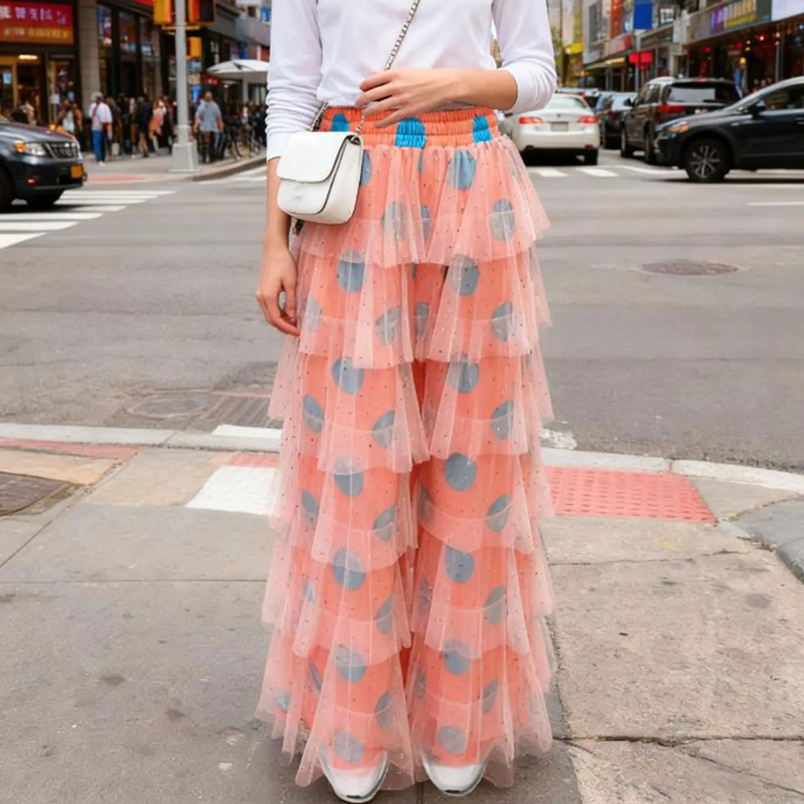 Polka Dot Sequin Tulle Pants for Women - Casual High-Waisted Tiered Wide Leg Trousers, Women's Clothes, Cotton, Bottoms, Multicolor, Tulle Fabric, Elastic Waist