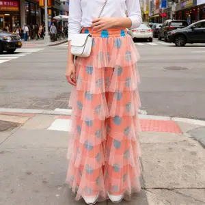 Women's Sequin Tulle Pants Dot Print Elastic High Waist Tiered Loose Wide Leg Trousers for All Seasons Casual Womenswear