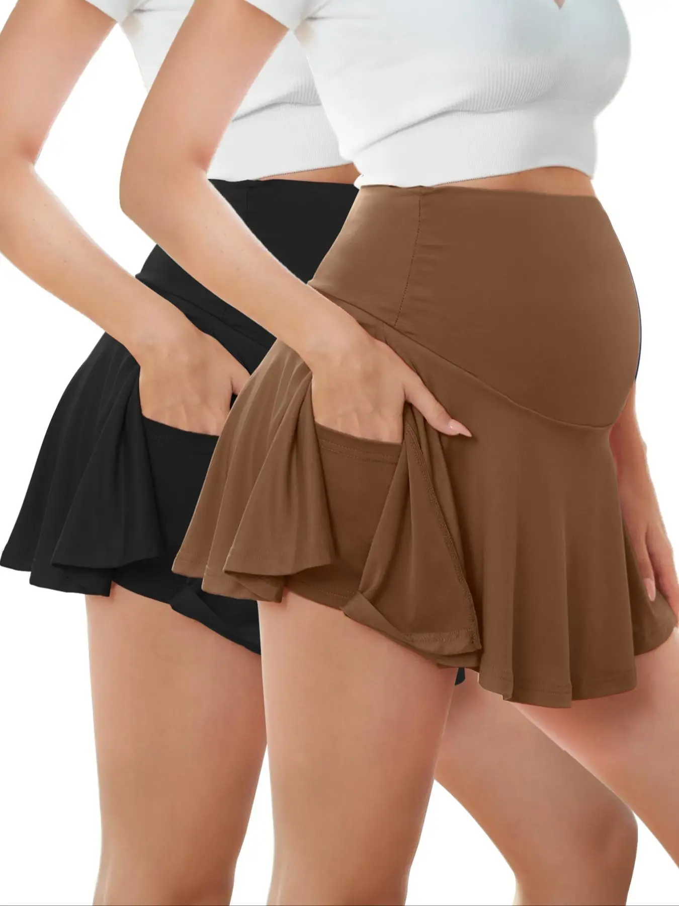 Maternity Solid Color Skorts, Casual Comfy Breathable Pocket Design Skorts for Summer, Maternity Bottoms for Daily Wear, Tennis Skort, Athletic Skort