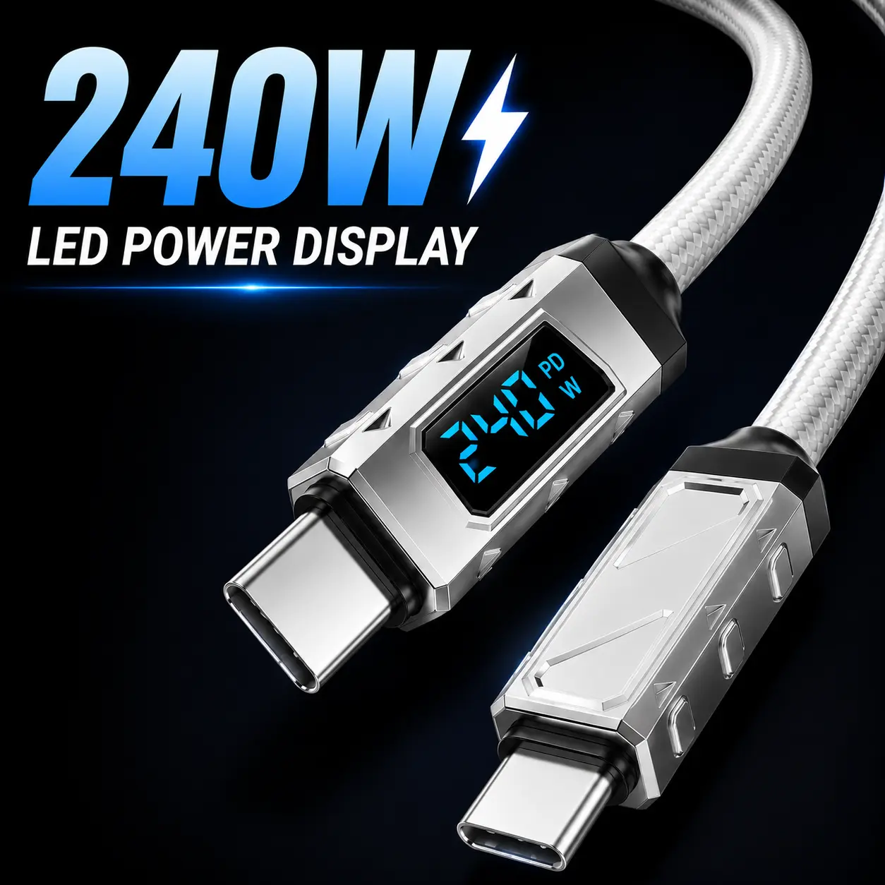 240W USB-C Fast Charging Data Cable with LED Power Display, Braided USB-C Cable for Smartphone, Cellphone, Mobile Electronic Devices, Compatible with iPhone 16, Samsung Phones, MacBook