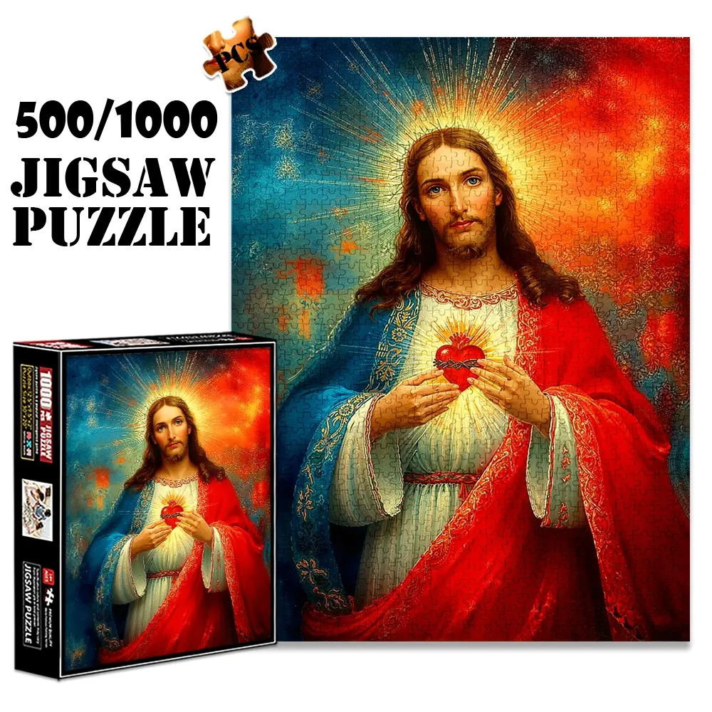 1pc 1000 piece adult puzzle 70x50cm Jesus with Sacred Heart and Radiant Halo 500 pieces paper jigsaw puzzle suitable for DIY creative games for adults and families, birthday and holiday stress relie Art Puzzles Gift