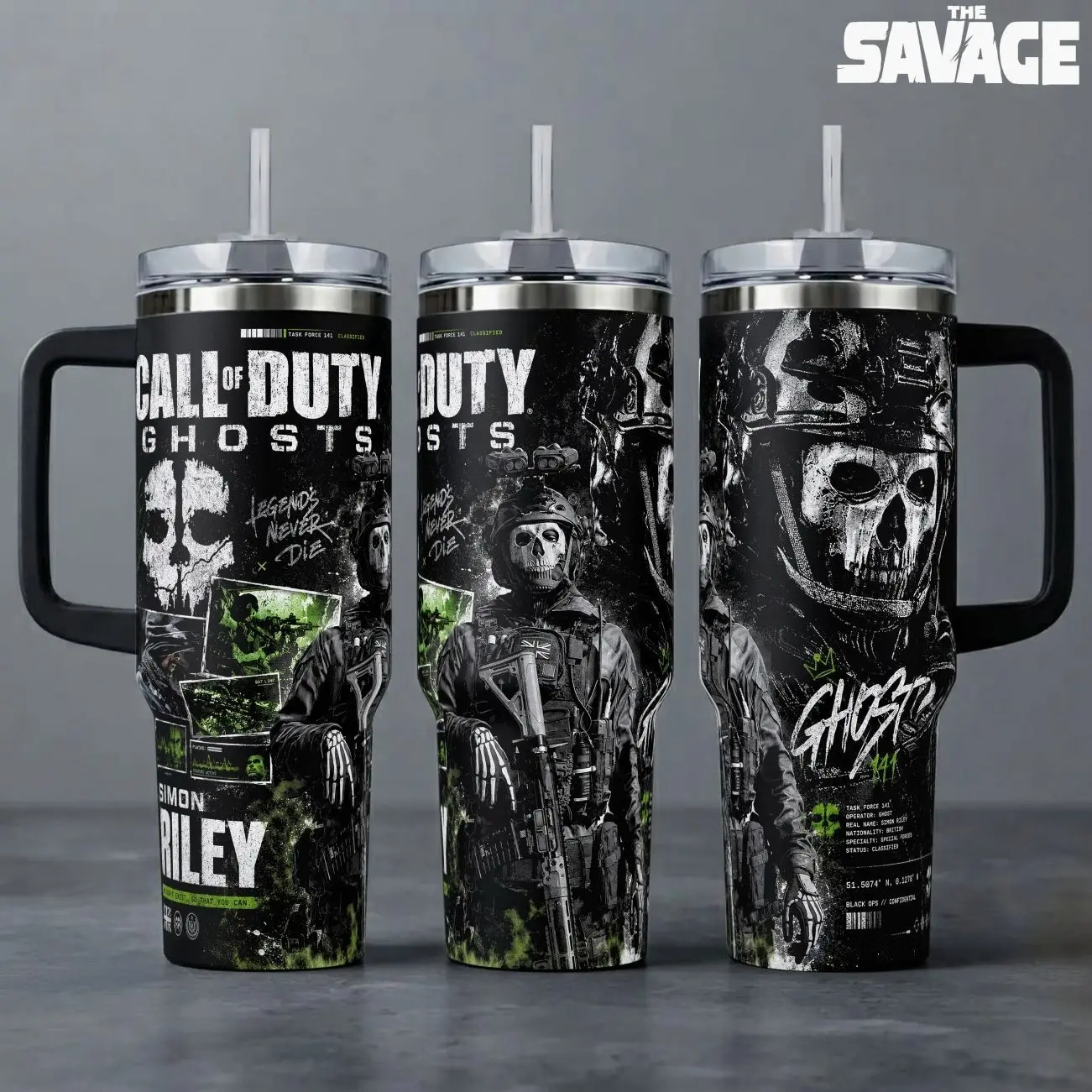 Simon Ghost Riley Call of Duty Ghost Tumbler, Gaming 40oz Cup with Handle & 20oz Travel Mug. Gift for Gamers, Call of Duty Inspired Insulated Tumbler Featuring Task Force 141 & Simon Riley Graphic Design.
