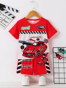 Boy's Car Print Short Sleeve Tee & Shorts without Shoes, Casual Two-piece Set, Summer Outfits Clothes for Kids, Clothing Sets