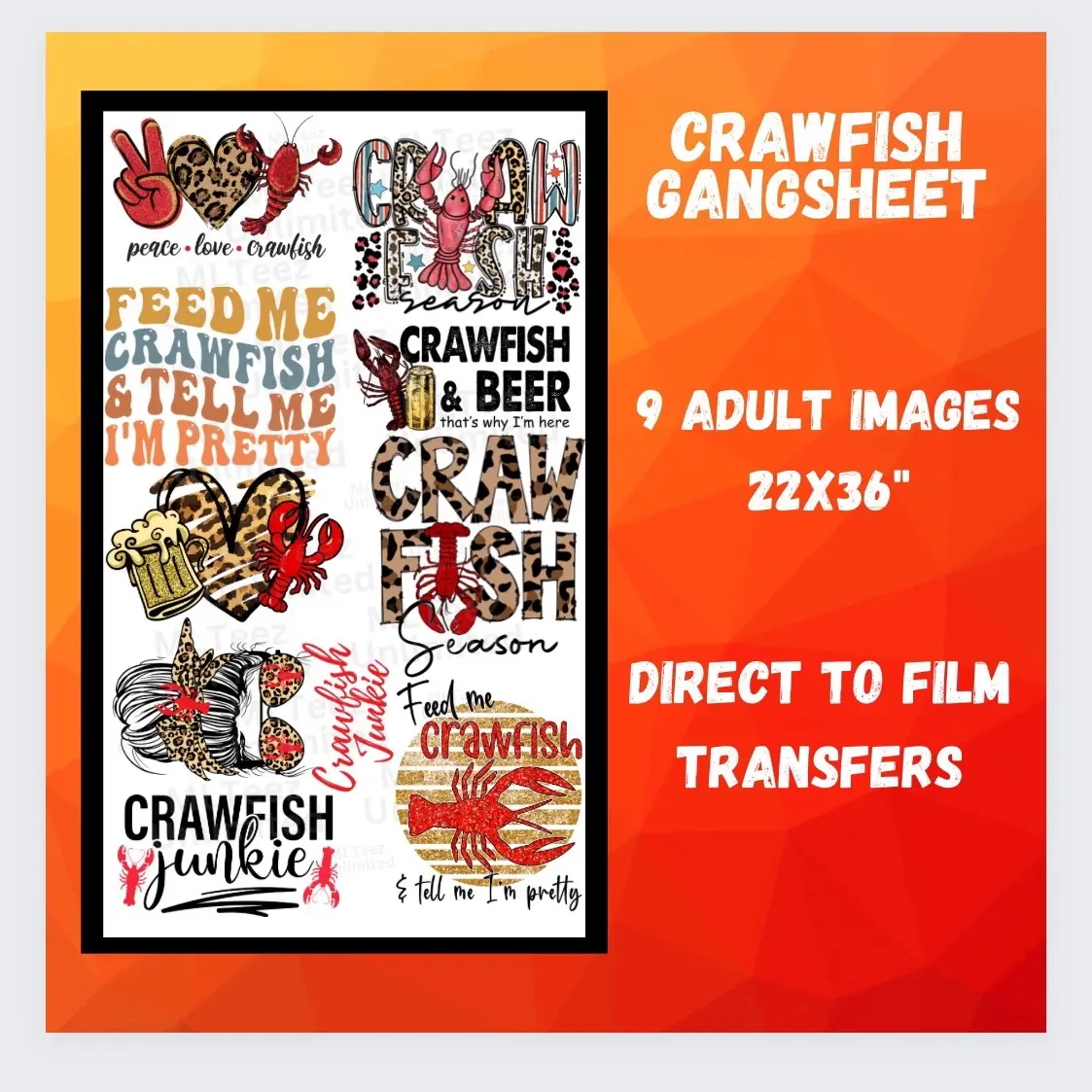 PreMade Crawfish Bugs DTF Gang Sheet 22x36 with 9 adult transfers