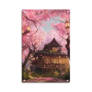 Japanese Cherry Blossom House Spring Landscape Tin Sign， Vintage Japanese Style Sakura Tree Metal Sign Print Aesthetic Room Decoration for Home Bedroom Kitchen Bar Dorm Bathroom Wall Decor 8 X 12 Inch