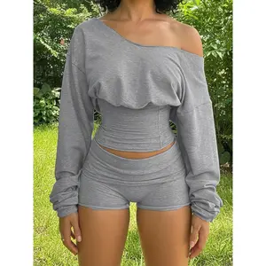 Women's Off-Shoulder High-Waisted Short Set, Casual Slim Fit Two-Piece for Spring & Fall, Stylish Sporty Mix Match, Sweatsuit Set, Athleisure Wear Set