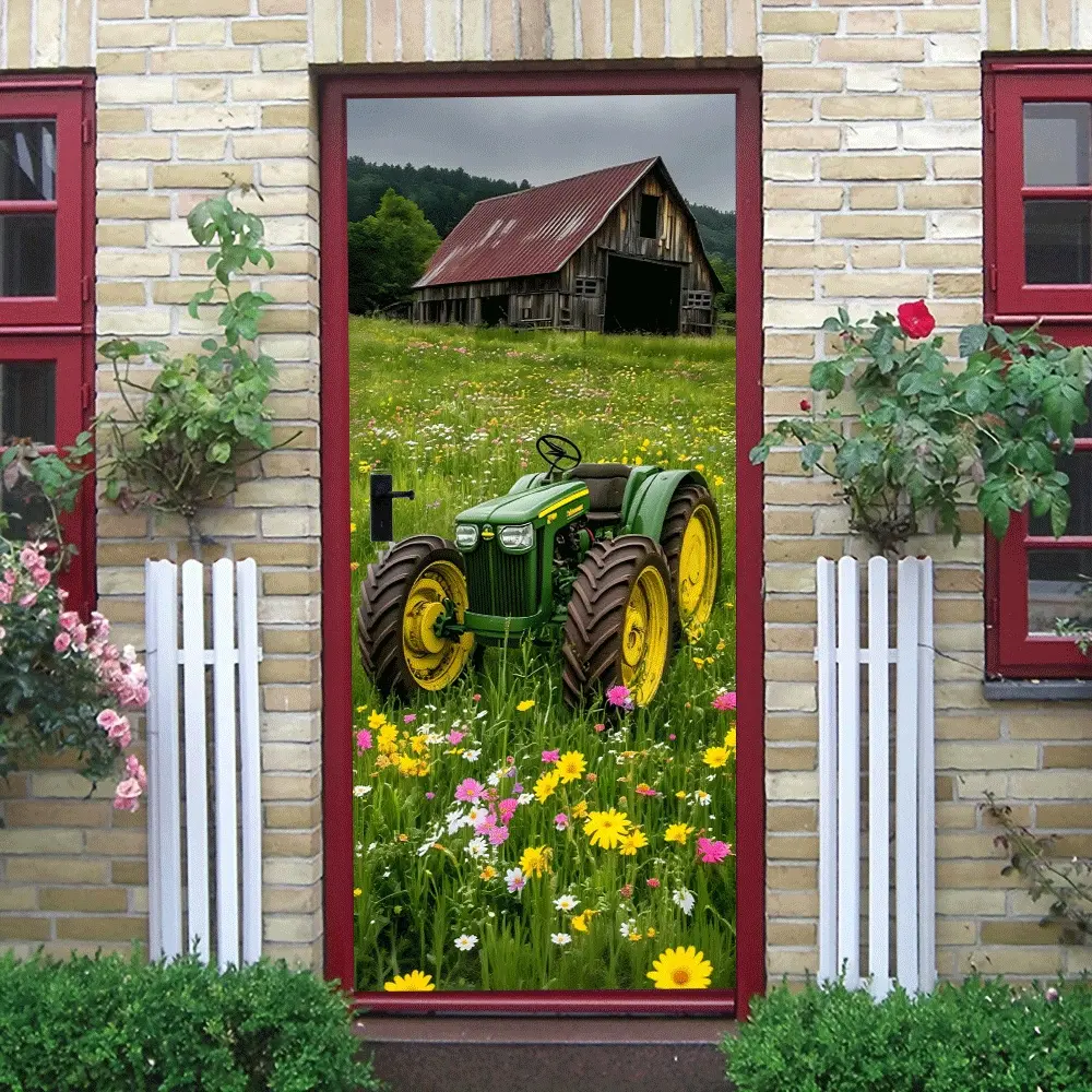 2pcs American Country Retro Tractor Wall Sticker Rustic Barn Flower Decor Decal Self Adhesive Removable Waterproof PVC Home Decoration for Living Room Bedroom Wall Art