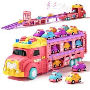 Pink Princess Transport Cargo Truck Toy with Race Track & Music, 2-in-1 Foldable Deformation Ejection Car Carrier Vehicle Set with Mini Cartoon Cars, Educational Birthday Toy Gift for Toddler Girls Age 3 4 5 6 7, New Girls Toys