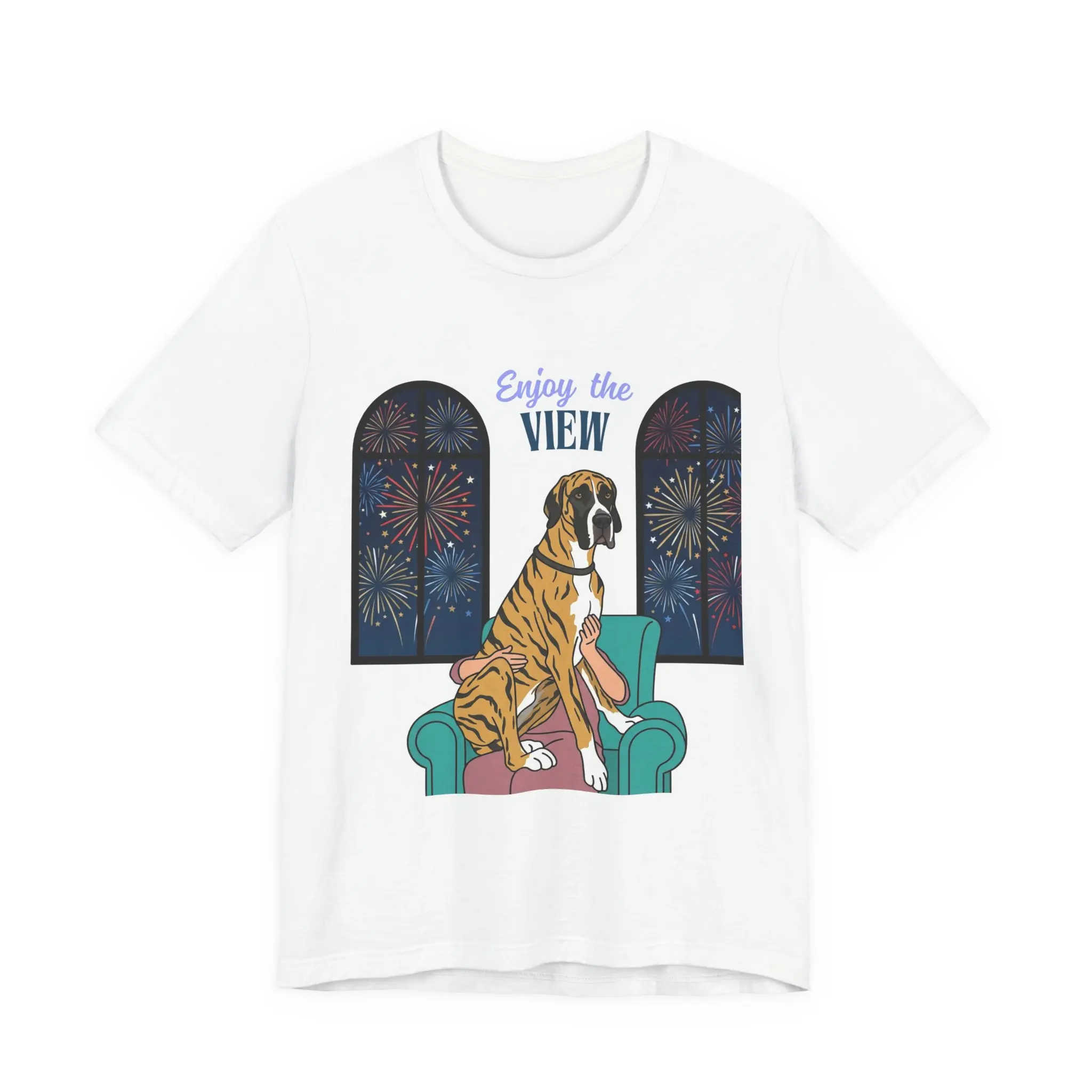 Brindle with White Chest Great Dane Enjoy the View T-Shirt — Dog Watching Fireworks Graphic Tee