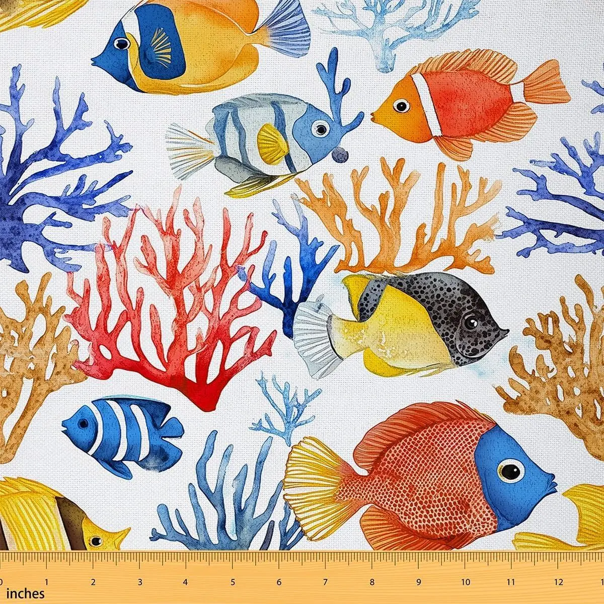 Colorful Fish Fabric Watercolor Tropical Sealife Coral No Stretch Fabric Cartoon Coastal Plants Ocean Theme Soft Flannel Polyester Fabric DIY Home Accents Pre-Cut