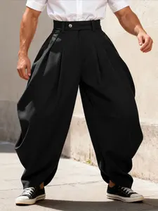 INCERUN Men Pants Solid Color Button Pleated Casual Wide Leg Trousers Men Streetwear Baggy Fashion Male Long Pants