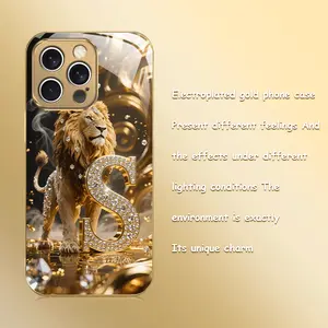 Diamond Lion King S Pattern Electroplated Gold Texture Glass Phone Case Light Luxury High-end Feel Suitable for iPhone 16ProMax/11/12/13/14/15/16/SE4/XSMax/17/17Air/17ProMax