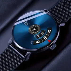 Elegant Men's Quartz Watch - Sleek Business & Sporty Design with Blue Dial, Durable Alloy Mesh Strap, Non-Waterproof, Battery Operated, Sporty Wristwatch|Sleek Watch Design|Durable Construction