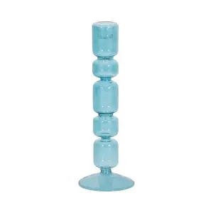 212 MAIN 10 in. Blue Glass Mixed Bubble Taper Candleholder, Home Decor Accessory for Household Use