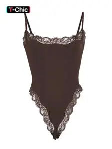 Women's Sexy Solid Color Spaghetti Strap Lace Trim Shaping Bust Bodysuit Body Sculpting Garment