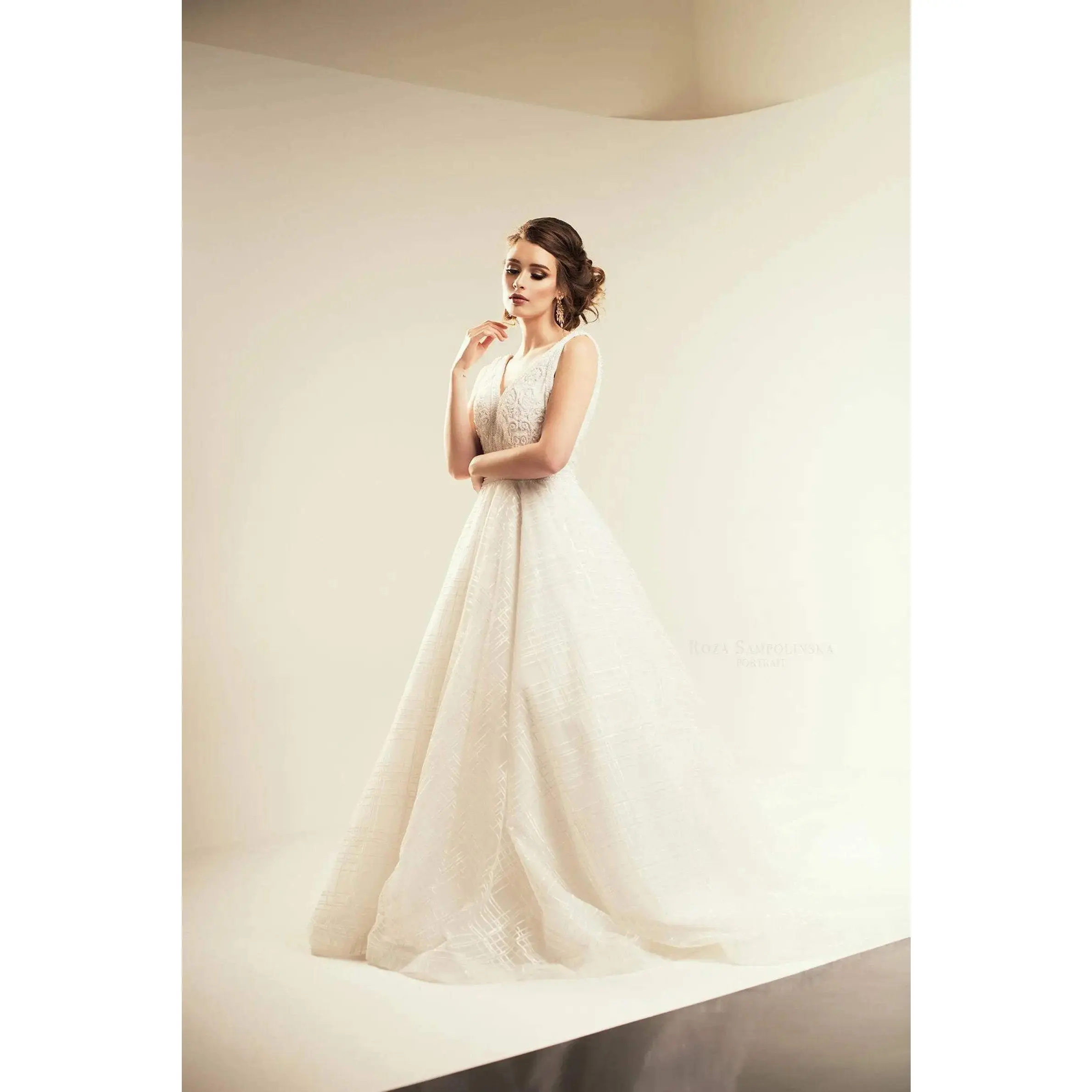 Women's Full-Length A-Line Wedding Gown - Satin Sequins Lace Sleeveless Plunge Neck Beaded Bodice with Crystal Pearls, Lace-Up All Seasons Made-To-Order 1 Size 6 | Anastasia
