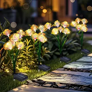 Solar Garden Lights Outdoor, 4 Pack 24- Rose  Solar Lights, IP65  Garden Decoration for Yard Patio Path Cemetery Grave, Gifts for Mom Women Bithday Mother's Day-Auto ON/Off