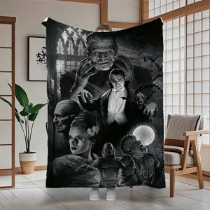 Frankenstein'S Monster & Dracula Flannel Throw Blanket - Large, Plush Design with Gothic Horror Illustration, Polyester, Machine Washable, Ideal for Bed & Sofa, All-Season Use, Perfect for Travel, Camping & Naps, Unique Birthday Gift, Halloween Decor