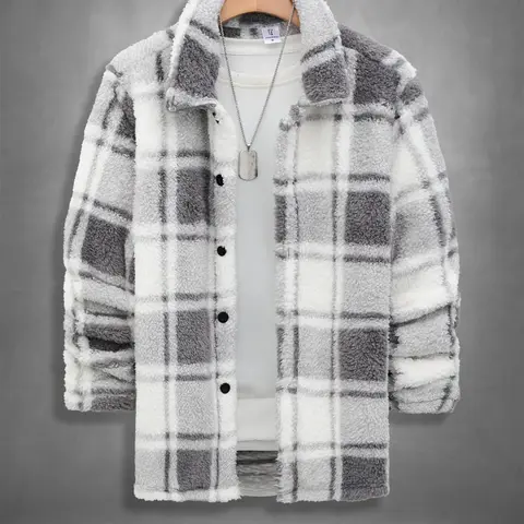 Men's Plaid Print Button Front Fuzzy Lounge Button Up Jacket, Casual Long Sleeve Collared Outerwear for Fall & Winter, Men's Sleepwear for Daily Wear, Casual Style Outerwear, Casual Fitted Jacket, Casual Jacket Coat