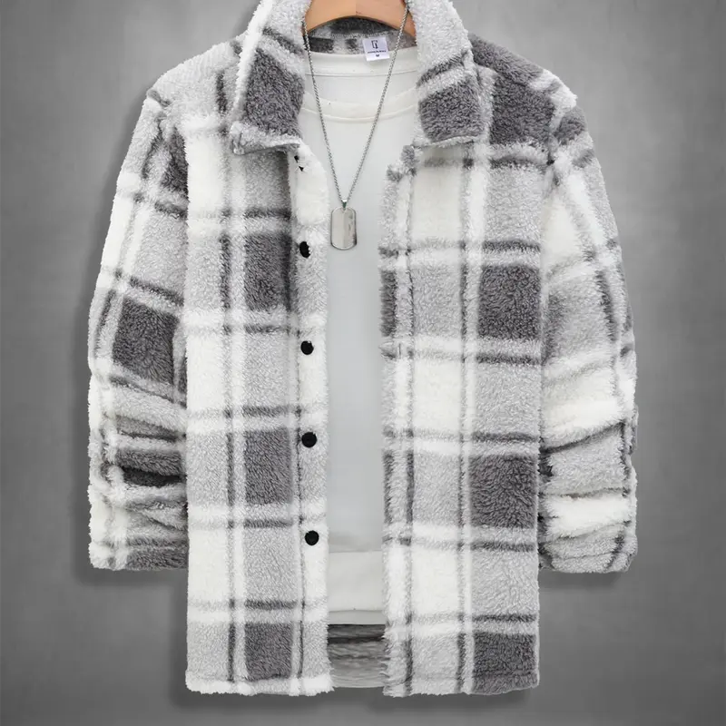 Men's Plaid Print Button Front Fuzzy Lounge Button Up Jacket, Casual Long Sleeve Collared Outerwear for Fall & Winter, Men's Sleepwear for Daily Wear, Casual Style Outerwear, Casual Fitted Jacket, Casual Jacket Coat