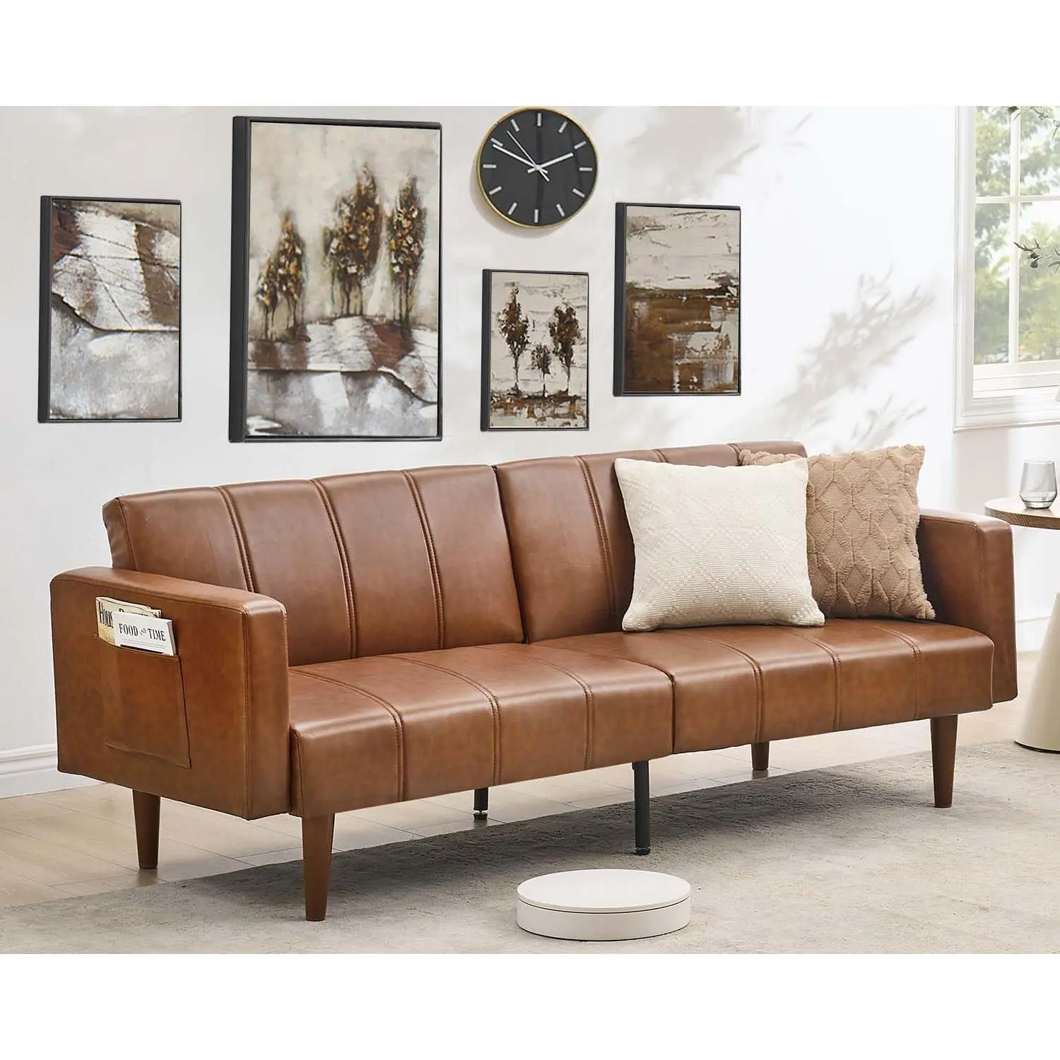 Futon Sofa Bed, Modern Folding Futon Set, PU Leather Convertible Recliner Lounge with Side Pockets & Adjustable Backrest for Living Room