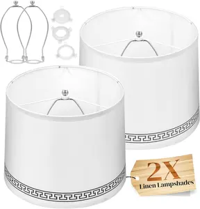 White Lamp Shades Set of 2 Handcrafted Linen Fabric with Classic Printed Border Universal Fit - Medium Size 11.6 Top x 12.6 Bottom x 9.8 Height