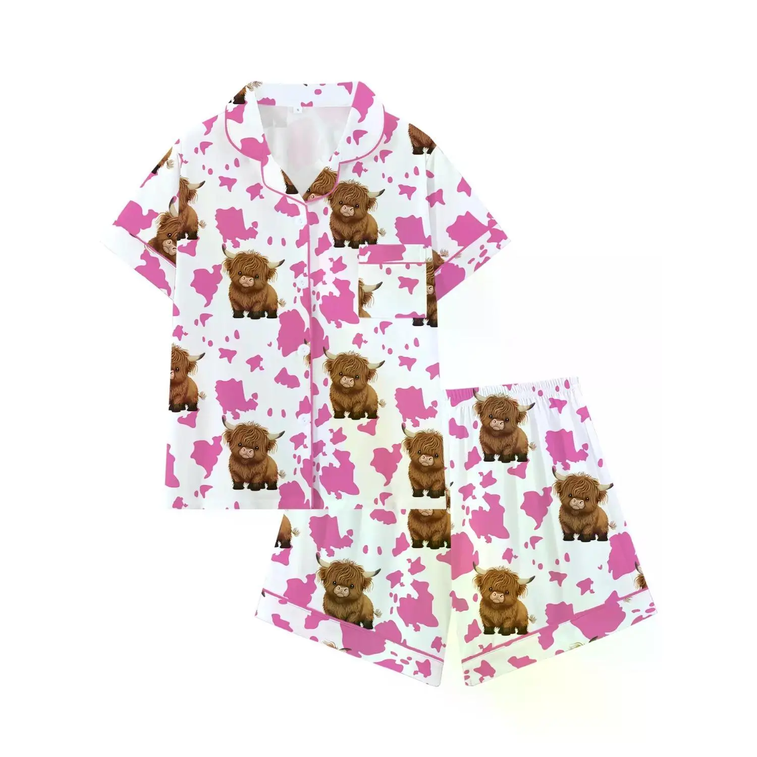 Adorable Cow Print Sleepwear Set for Teens, Relaxed Fit Collared Short Sleeve Pajamas, Perfect Valentine's Day Gift, Comfortable All-Season Nightwear