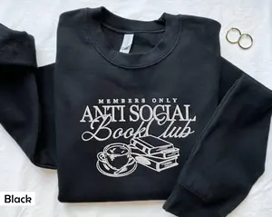 Anti Social Book Club Embroidered Sweatshirt, Cozy Bookish Crewneck, Book Lover Pullover, Unisex Fall Reading Aesthetic