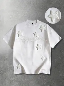 Towel embroidered pentagram short sleeved men's and women's round neck t-shirts with cotton, Embroidery, Streetwear, street style casual short sleeved shirt, 2026 summer clothing, simple t-shirt Y2K style
