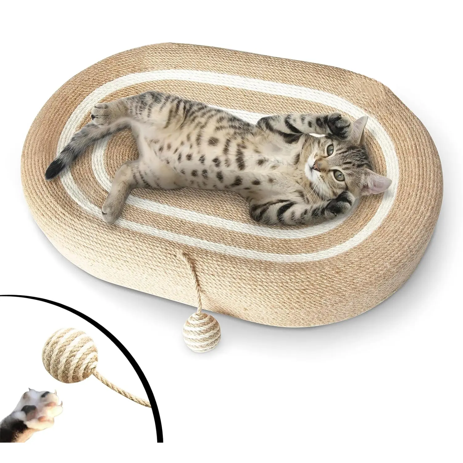 Extra Large Oval Sisal Cat Scratcher Bed - 2-in-1 Scratching Pad with Interactive Hanging Ball, Durable Woven Lounge for Large Indoor Cats nartural