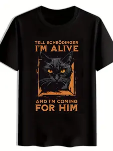Quantum Mechanics Meme Print Casual Crew Neck Men's T-Shirt, Schrödinger's Cat Pattern Men's Top, Quantum Enthusiast Gift, Funny Tee for Friends, Halloween Party Novelty Shirt, Orange-Eyed Black Cat Print Men's Apparel, Funny Gift, Casual Wea