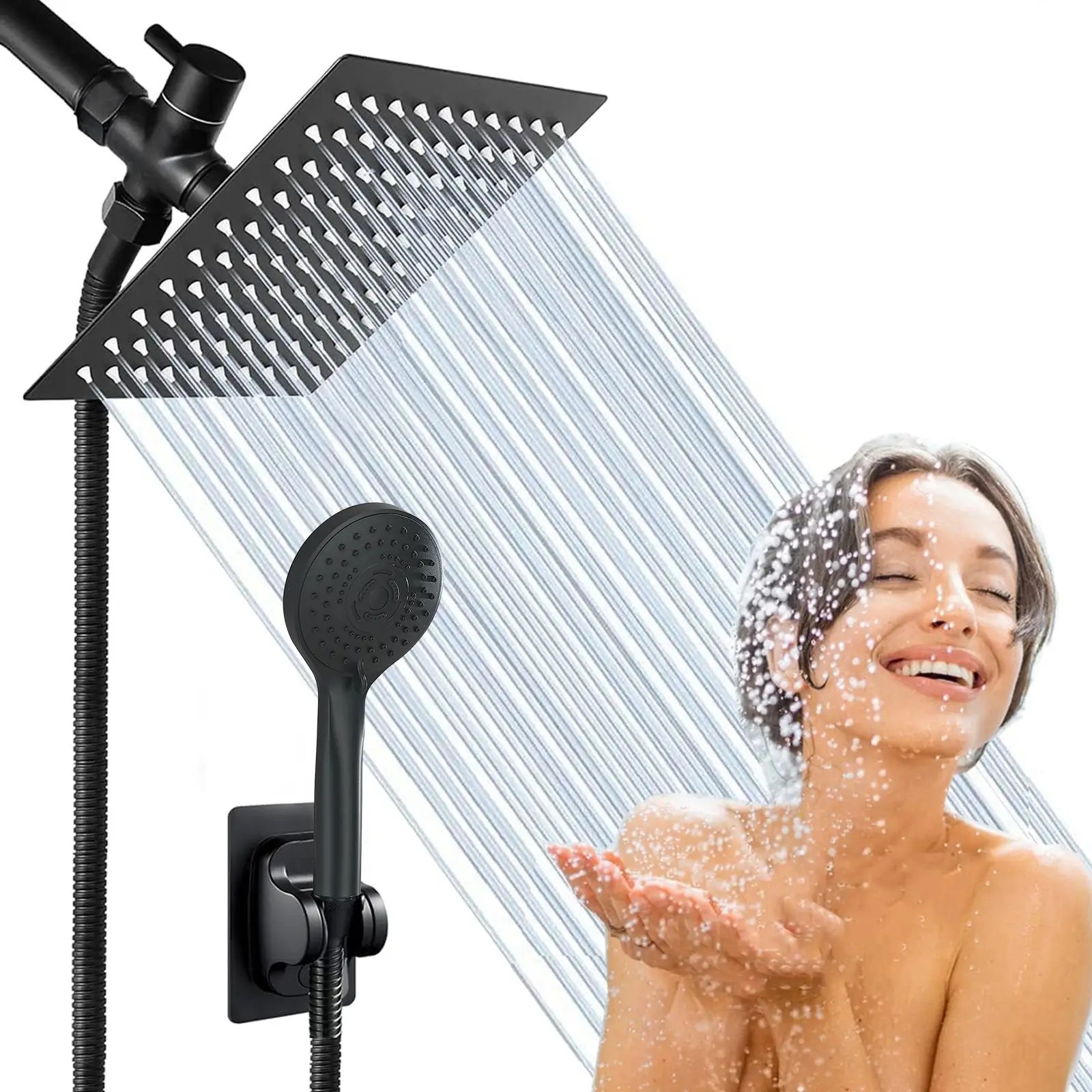Senlesen 8 Inch Shower Head Combo High Pressure Rain Shower Head with 3 Settings Handheld Spray 59inch Shower Hose,Chrome, Matte Black