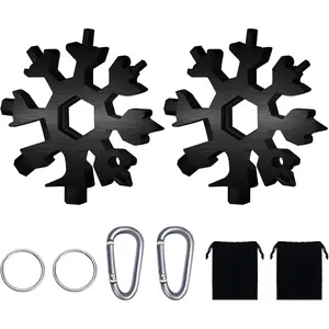 18-in-1 Snowflake Multitool, 2 count Stainless Steel Standard Multi-Tool With Key Ring, Carabiner Clip and Storage Bag (Black)