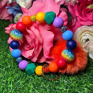 Tropical rainbow Wristlet Keychain color scheme rainbow and bling beads made with wire