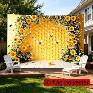 2D flat 1pc honeycomb sunflower pattern decorative wall covering with bee flower wall decoration banner, suitable for nature theme party decoration, christening photo backdrop, multiple sizes available, polyester material