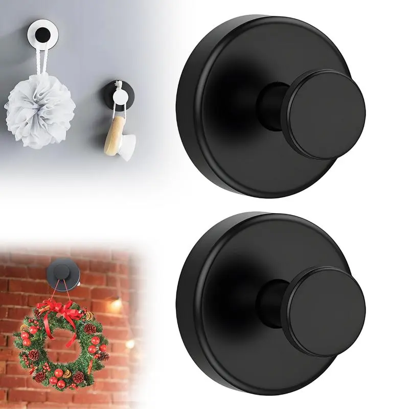Suction Cup Hooks for Wreaths, 2025 New No Drill Suction Cup Hooks for Wreaths on Glass, Wreath Hanger for Front Door, Towel Hooks for Window, Bathroom Mirrors, Shower (2, Black)