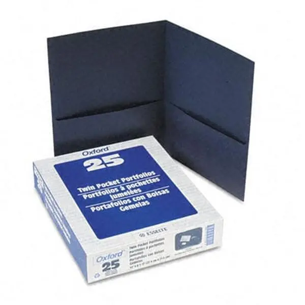 Esselte Pendaflex 57538 Twin-Pocket Portfolio - Embossed Faux Leather Grain Paper, Dark Blue, Die-Cut Business Card Holder, Holds 100 Sheets, 25 Count Box for Business Use
