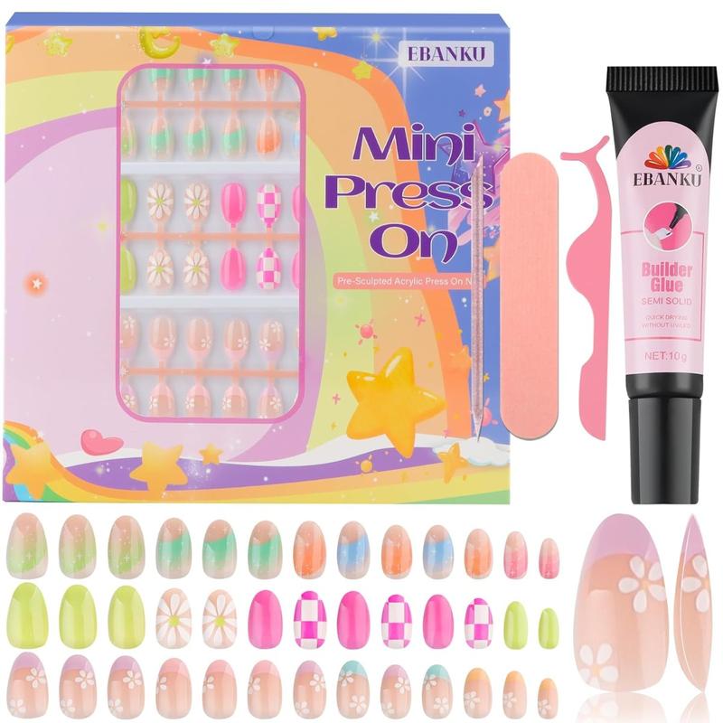 EBANKU Press on Nails for Kids, 78、72、24 Pieces Kid Fake Nail Kit Old Colorful Flower Press on Nails sets for girls 8-12 Years with Jelly Nail Adhesives & Nail Builder Glue Christmas