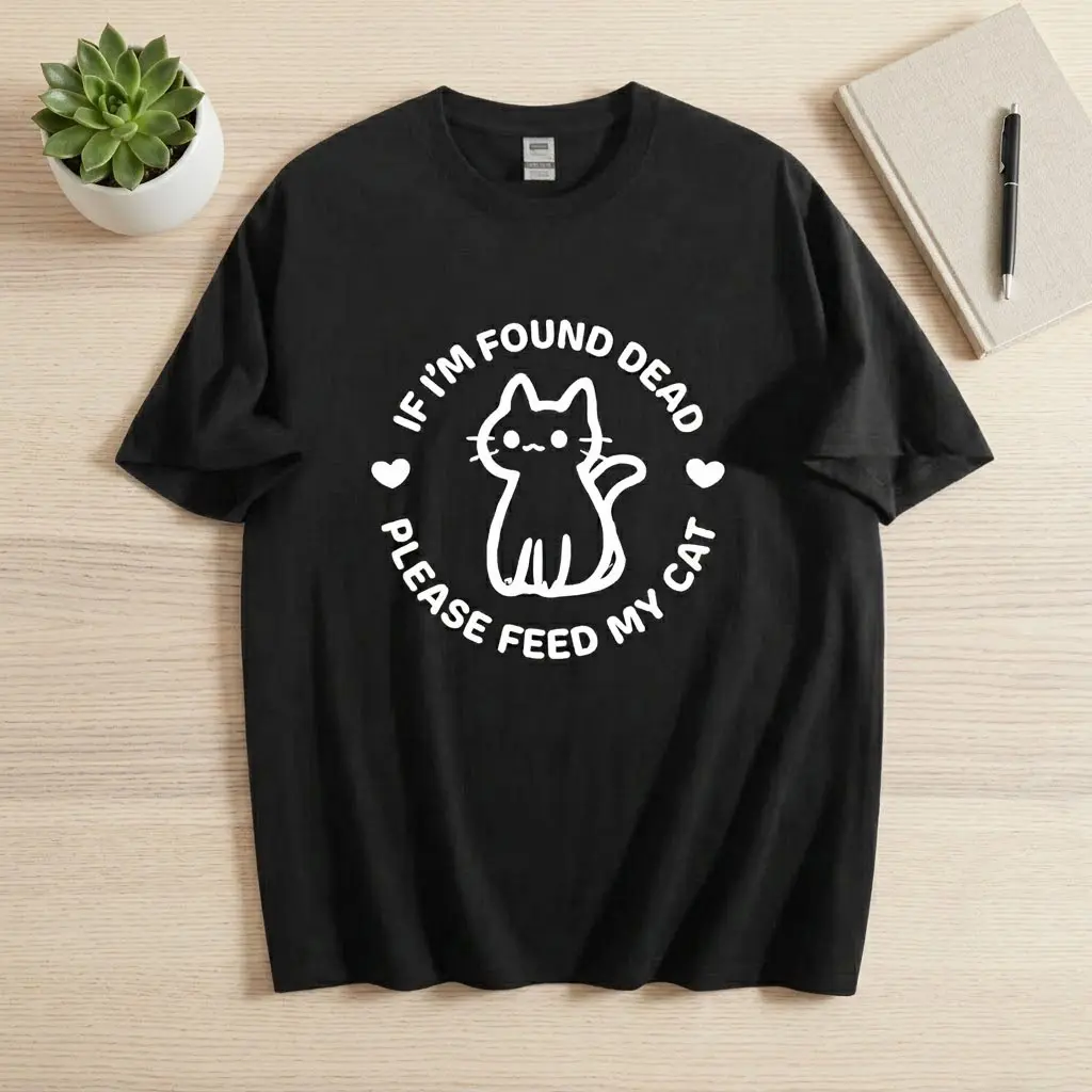 Men's Short-Sleeve Round Neck "Feed My Cat" Graphic T-Shirt - Casual Menswear Tops, Funny Cat Lover Streetwear, Classic Relaxed Fit, Soft 100% Cotton Fabric