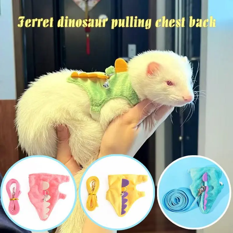 Small Animal Adjustable Buckle Harness Leash Set - 1 Set, Plush Fabric, Cute Dinosaur Design, Safety Bell for Ferret Walking