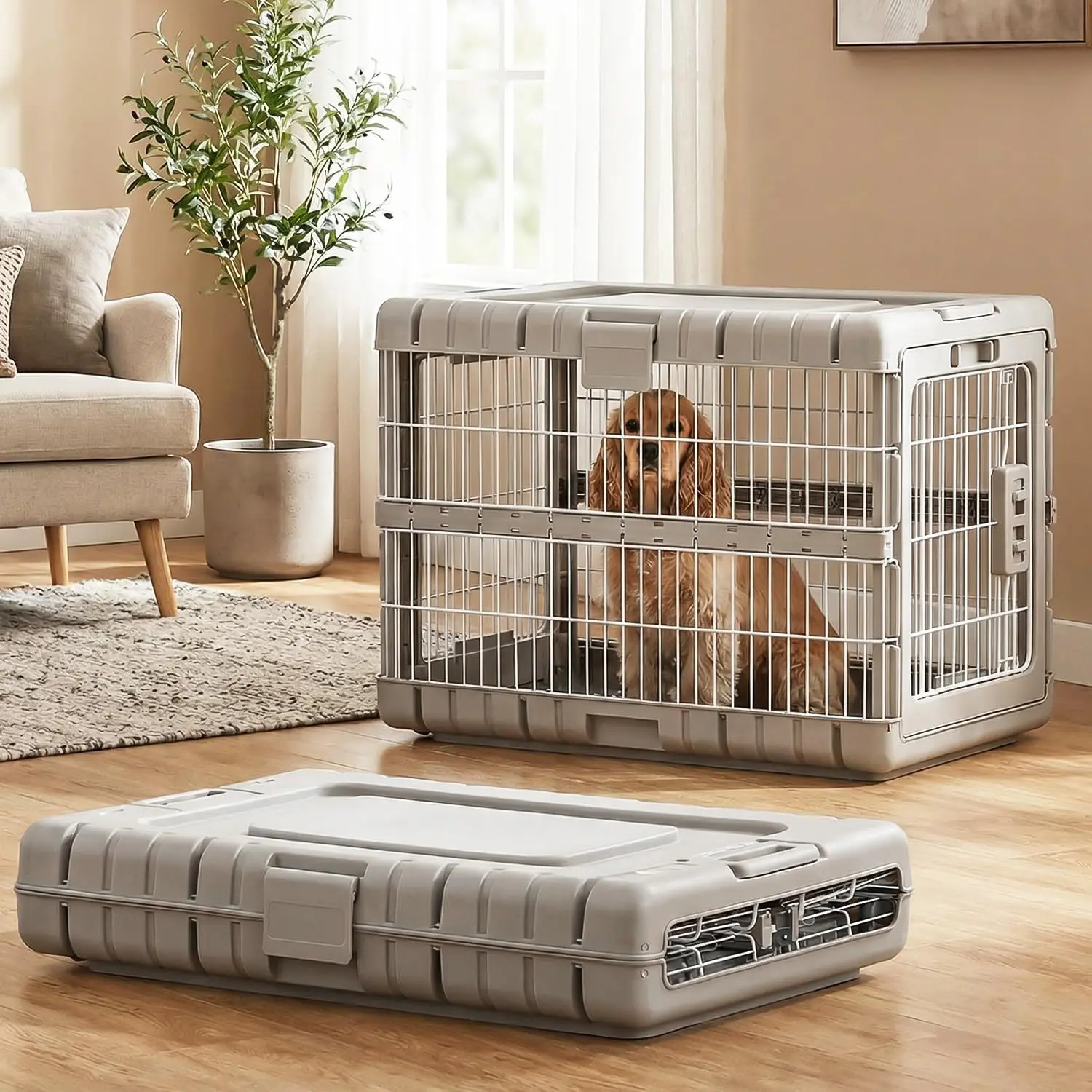28" Heavy Duty Foldable Dog Crate - No Tools Required, 4-Sided Steel Construction, Space-Saving Collapsible Design, Indoor Furniture Style, Portable Carrier with 2 Smooth Wheels, Beige